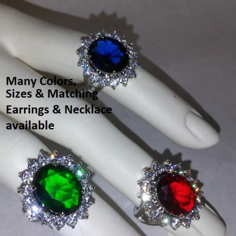 Oval CZ ring princess kate diana engagement white gold blue red green many sizes